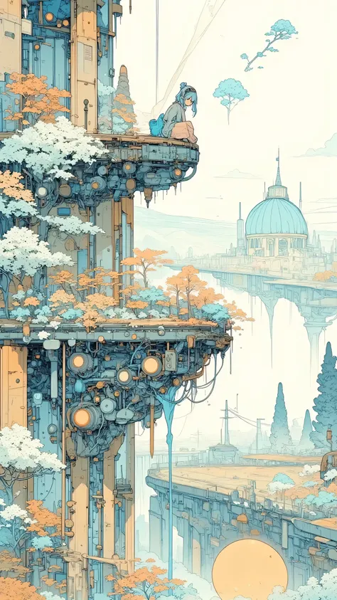 A slumbering titan partially buried in a crater, with flowers blooming from its metallic body. A like figure sits atop its hand, looking at a single giant flower floating in the sky. Soft atmosphere, Moebius-inspired, poetic sci-fi, quiet emotion, dream wo...