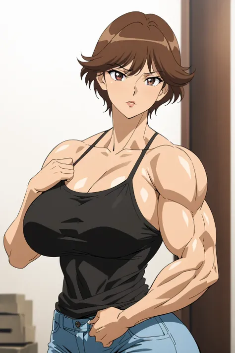 score 9 , score 8 up, score 7 up, source anime, masterpiece, Best Quality, high resolution, 1woman,  short brown-haired woman wearing a red panty, Muscular and strong, Brown eyed woman, solo, Classic Women, Big Breasts, Strong muscles, women with very larg...