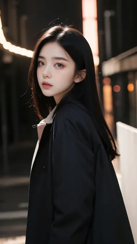 beautiful girl,With realistic dark eyes, pale skin, Medium-long black hair, perfect face, perfect eyes, Wear a coat, Very detailed, synthesis, number, 8k, Cinema lighting, best quality, high resolution, detailed work, post processing, Perfect results, Surr...