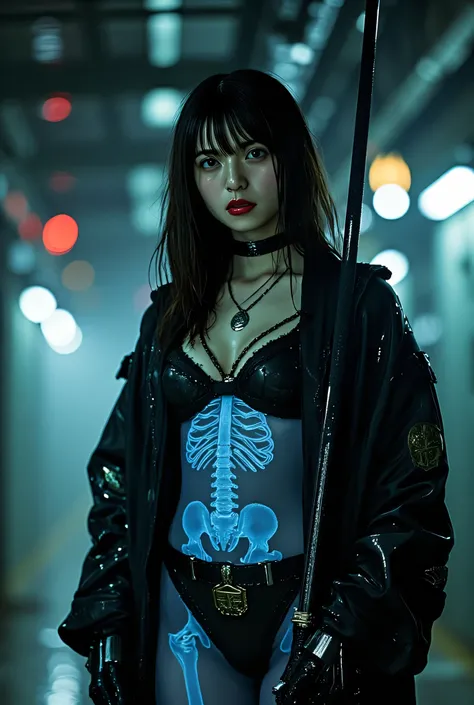 (The dark interior of the Nostromo ship :2.0))),(((HR Gigger style cyberpunk atmosphere:2.0))),(((Hold a cyberpunk-style Japanese sword:2.0))),(((Point the tip of the sword at the viewer:2.0))),((full body:2.0)),one woman,(cute face),(Beautiful well-balanc...