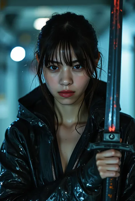 (The dark interior of the Nostromo ship :2.0))),(((HR Gigger style cyberpunk atmosphere:2.0))),(((Hold a cyberpunk-style Japanese sword:2.0))),(((Point the tip of the sword at the viewer:2.0))),((full body:2.0)),one woman,(cute face),(Beautiful well-balanc...