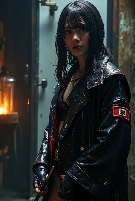 (The dark interior of the Nostromo ship :2.0))),(((HR Gigger style cyberpunk atmosphere:2.0))),(((Hold a cyberpunk-style Japanese sword:2.0))),(((Point the tip of the sword at the viewer:2.0))),((full body:2.0)),one woman,(cute face),(Beautiful well-balanc...