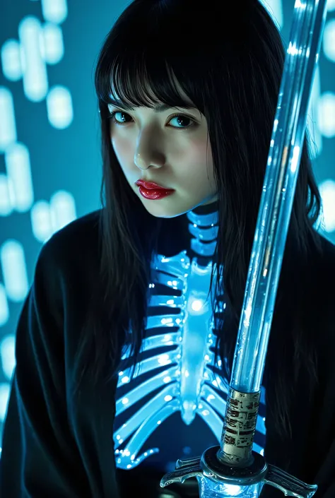 (The dark interior of the Nostromo ship :2.0))),(((HR Gigger style cyberpunk atmosphere:2.0))),(((Hold a cyberpunk-style Japanese sword:2.0))),(((Point the tip of the sword at the viewer:2.0))),((full body:2.0)),one woman,(cute face),(Beautiful well-balanc...