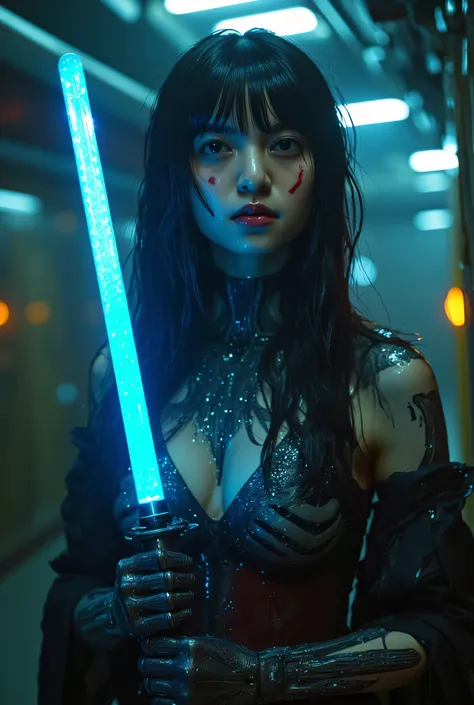 (The dark interior of the Nostromo ship :2.0))),(((HR Gigger style cyberpunk atmosphere:2.0))),(((Hold a cyberpunk-style Japanese sword:2.0))),(((Point the tip of the sword at the viewer:2.0))),((full body:2.0)),one woman,(cute face),(Beautiful well-balanc...