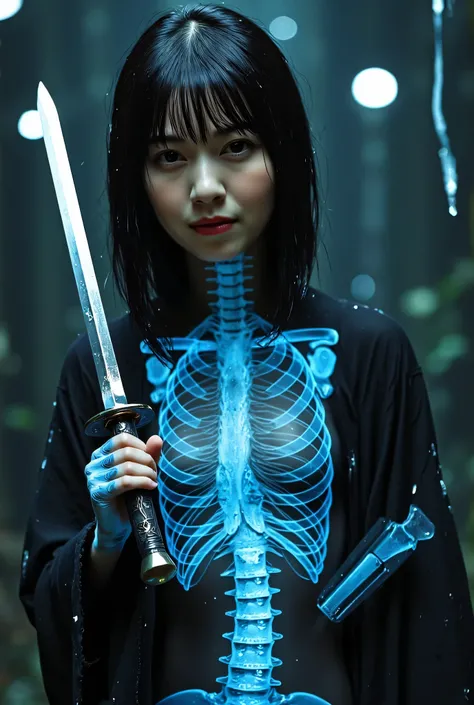 (The dark interior of the Nostromo ship :2.0))),(((HR Gigger style cyberpunk atmosphere:2.0))),(((Hold a cyberpunk-style Japanese sword:2.0))),(((Point the tip of the sword at the viewer:2.0))),((full body:2.0)),one woman,(cute face),(Beautiful well-balanc...