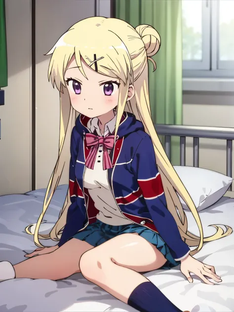 1girl, solo,kujo karen, long hair, medium breasts, blonde hair, purple eyes, single hair bun, x hair ornament, union jack, jacket, pink bowtie, school uniform, shirt, blue skirt,Infirmary,bed,screen,lie down on a futon,crescent moon, star (sky),高校中退したカレン