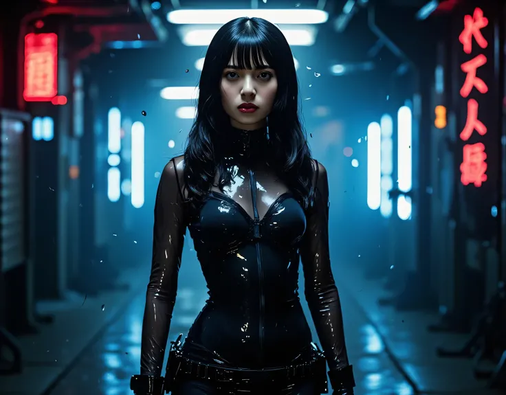 (((The dark interior of the Nostromo:2.0))),(((HR Gigger style cyberpunk atmosphere:2.0))),(((Hold a cyberpunk-style Japanese sword:2.0))),(((Point the tip of the sword at the viewer:2.0))),((full body:2.0)),one woman,(cute face:1.7),(Beautiful well-balanc...