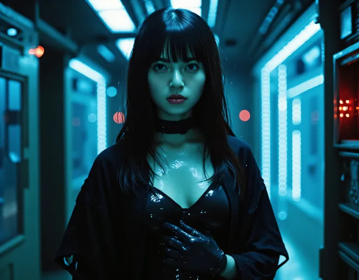 (((The dark interior of the Nostromo:2.0))),(((HR Gigger style cyberpunk atmosphere:2.0))),(((Hold a cyberpunk-style Japanese sword:2.0))),(((Point the tip of the sword at the viewer:2.0))),((full body:2.0)),one woman,(cute face:1.7),(Beautiful well-balanc...