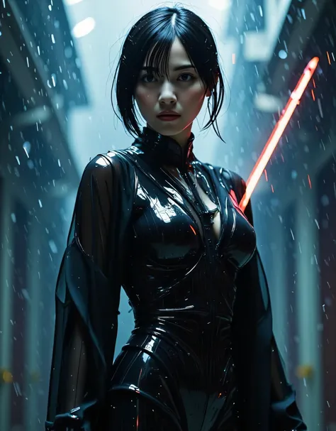((( downpour:2.0))),(((HR Gigger style cyberpunk atmosphere:2.0))),(((Hold a cyberpunk-style Japanese sword:2.0))),(((Point the tip of the sword at the viewer:2.0))),((full body:2.0)),one woman,(cute face:1.7),(Beautiful well-balanced face :1.5),((long hai...