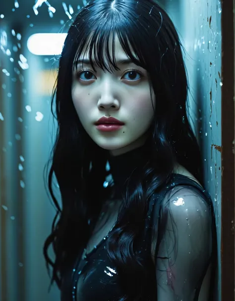 ((( downpour:2.0))),(((HR Gigger style cyberpunk atmosphere:2.0))),(((Hold a cyberpunk-style Japanese sword:2.0))),(((Point the tip of the sword at the viewer:2.0))),((full body:2.0)),one woman,(cute face:1.7),(Beautiful well-balanced face :1.5),((long hai...