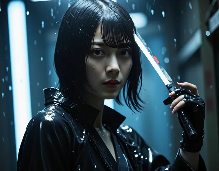 ((( downpour:2.0))),(((HR Gigger style cyberpunk atmosphere:2.0))),(((Hold a cyberpunk-style Japanese sword:2.0))),(((Point the tip of the sword at the viewer:2.0))),((full body:2.0)),one woman,(cute face:1.7),(Beautiful well-balanced face :1.5),((long hai...