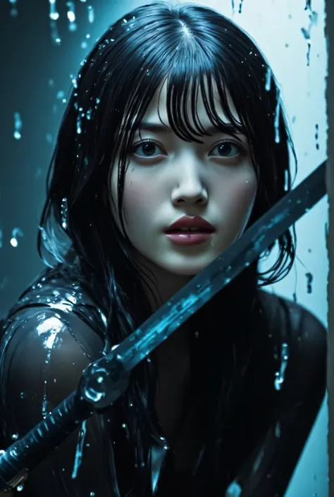 ((( downpour:2.0))),(((HR Gigger style cyberpunk atmosphere:2.0))),(((Hold a cyberpunk-style Japanese sword:2.0))),(((Point the tip of the sword at the viewer:2.0))),((full body:2.0)),one woman,(cute face:1.7),(Beautiful well-balanced face :1.5),((long hai...