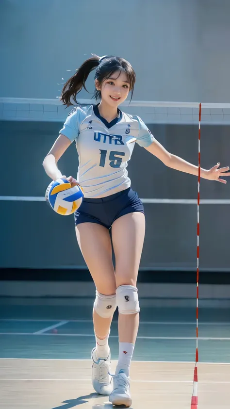 (((Japanese woman))),high school girl,(short ponytail with the tips of the limbs:1.2),( hair color is black:1.3),(Clear Eyes),light in eyes,(thigh),( white shoes :1.35),slender body,(((cute smile like an idol:1.35))),((draw the face accurately:1.4)),( accu...
