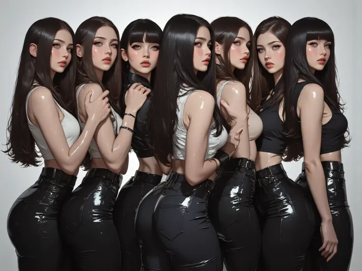 group of executive women, in line, dress pants, hugged one after the other ,  straight black hair , smiling maliciously, piscina, tall, dark poll, obscure place, wide hips, skinny, groped, groping, encoxada