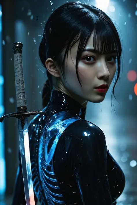 (((Future city with downpour rain:2.0))),(((HR Gigger style cyberpunk atmosphere:2.0))),(((Hold a cyberpunk-style Japanese sword:2.0))),(((Point the tip of the sword at the viewer:2.0))),((full body:2.0)),one woman,(cute face:1.7),(Beautiful well-balanced ...