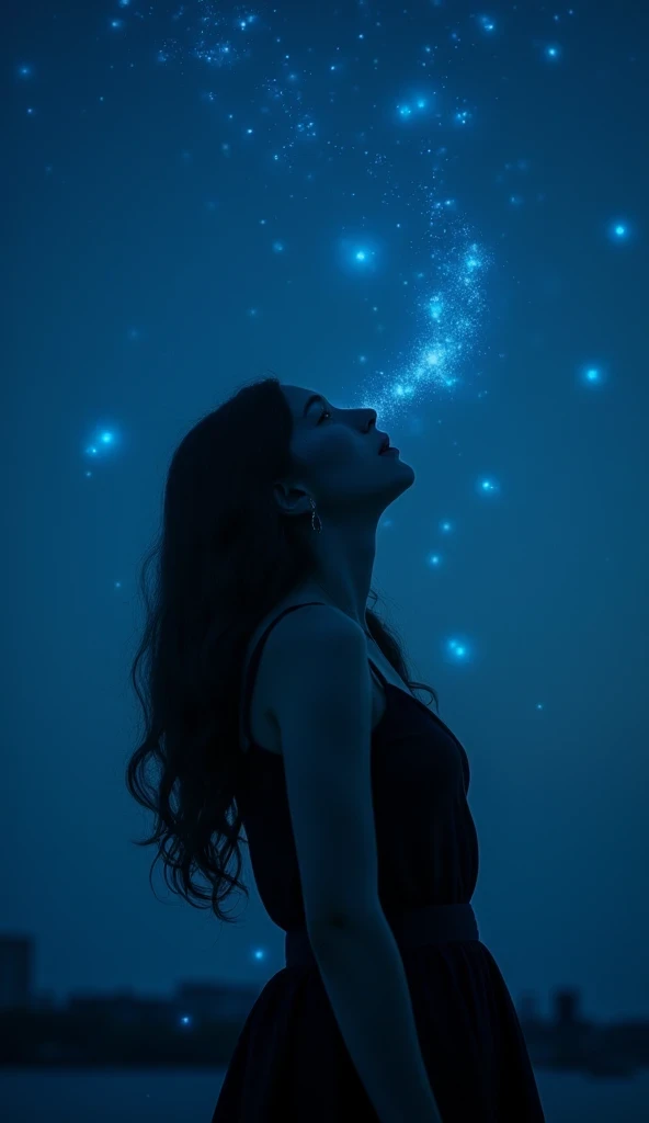A full body dramatic artistic shot of a beautiful young woman with dark wavy hairstyle, ((very pale skin)), looking up at a starry night sky, cinematic shot, cinematic composition, thick mist, ((((deep dark sapphire blue color)))), at night, darkness, shad...