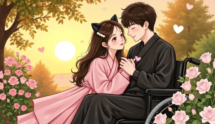 A romantic and emotional scene during sunset in a peaceful garden. A handsome East Asian man wearing a black silk home outfit sits in a sleek wheelchair, his expression soft and loving. Walking beside him is a beautiful East Asian woman with long straight ...