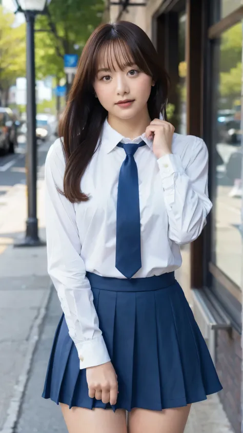 girl, high resolution, chest, 大きなchest, legs out of frame, high school girl uniform(White collar shirt、 blue skirt)