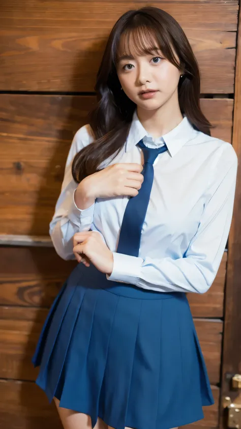 girl, high resolution, chest, 大きなchest, legs out of frame, high school girl uniform(White collar shirt、 blue skirt)