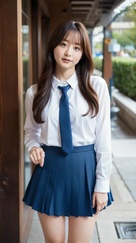 girl, high resolution, chest, 大きなchest, legs out of frame, high school girl uniform(White collar shirt、 blue skirt)