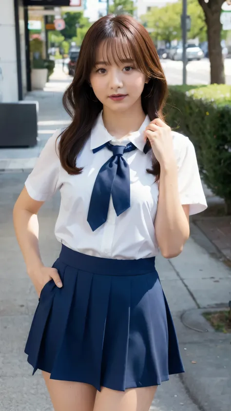 girl, high resolution, chest, 大きなchest, legs out of frame, high school girl uniform(White collar shirt、 blue skirt)