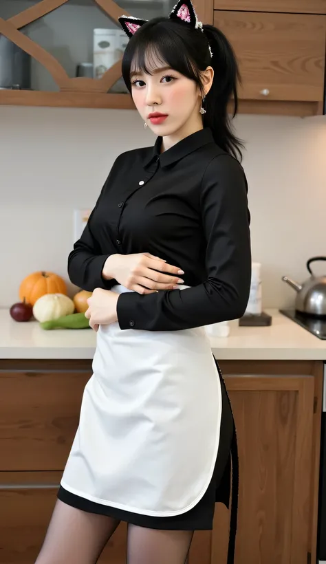 a woman, stand up straight in the kitchen, body facing front, Eyes looking at the camera, both hands folded on the stomach, use a long sleeve shirt in black, long skirt in black , long apron of white color, big , Banged hair ponytail model black color, fa...