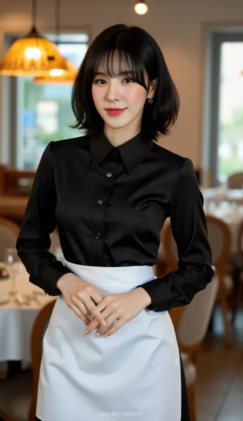 a woman, standing upright in the dining room, body facing front, Eyes looking at the camera, both hands folded together, uses black long sleeve waiter uniform, long skirt in black , long apron of white color, big , hair model bob black, seductive smiley fa...