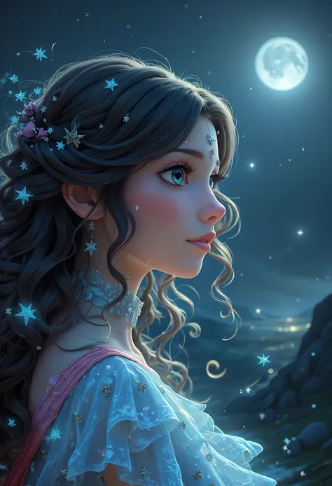a picture of woman wearing transluminescent dress, black silk dress, intricate dress, transluminescent dress, transparent dress, red sleeves, epic beautiful woman, divine beauty, serene beauty, lush hair, long hair, stars entwined in the woman's hair, fant...