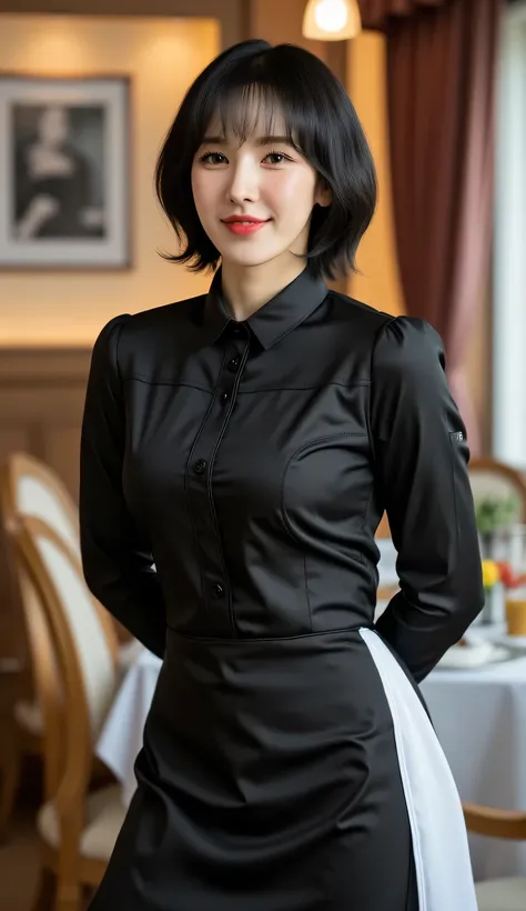 a woman, standing in the dining room, body facing front, Eyes looking at the camera, both hands tied back, uses black long sleeve waiter uniform, long skirt in black , long apron of white color, big size G-cup, short hair bob model in black, seductive smi...