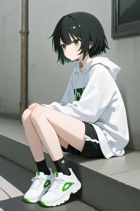a girl,5 head ratio, white hooded sweatshirt、black shorts、White shoes、Black socks、Black short hair、green eyes、Looking into the distance、sideways、Sitting、Full body picture。