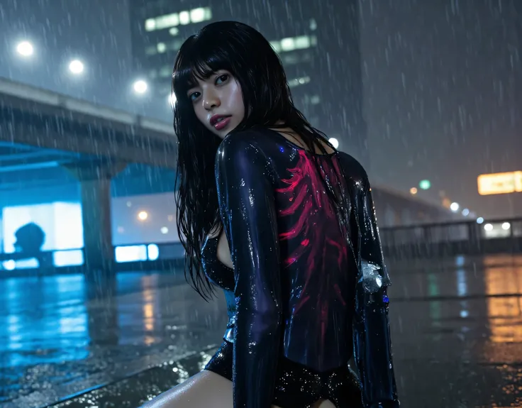 (((Harbor on a downpour night:2.0))),(((HR Gigger style cyberpunk atmosphere:2.0))),(((Hold a cyberpunk-style shotgun:2.0))),(( squat with your crotch wide open:2.0)),side view from the back,Side pose,((Looking back and looking at the camera:2.0)),((look b...
