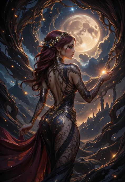a picture of an epic beautiful woman, divine beauty, wearing transluminescent dress, black silk dress, intricate dress, transluminescent dress, transparent dress, red sleeves, epic beautiful woman, divine beauty, serene beauty, lush hair, long hair, stars...