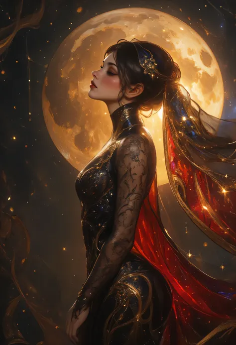 a picture of an epic beautiful woman, divine beauty, wearing transluminescent dress, black silk dress, intricate dress, transluminescent dress, transparent dress, red sleeves, epic beautiful woman, divine beauty, serene beauty, lush hair, long hair, stars...