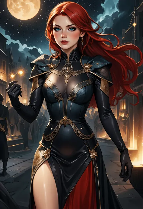 a picture of an epic beautiful woman, divine beauty, wearing transluminescent dress, black silk dress, intricate dress, transluminescent dress, transparent dress, red sleeves, epic beautiful woman, divine beauty, serene beauty, lush hair, long hair, stars...