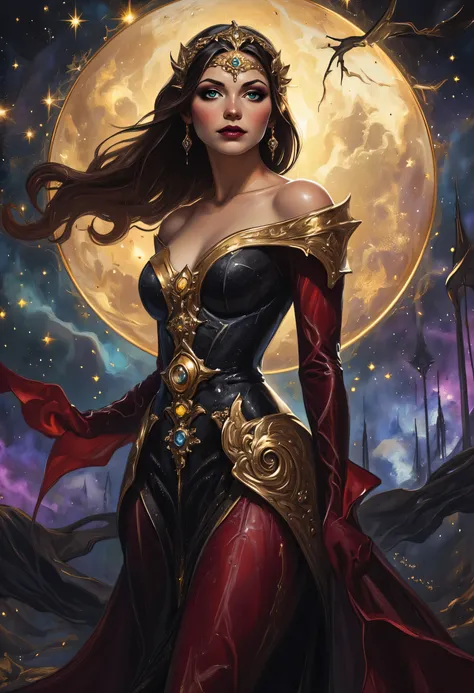 a picture of an epic beautiful woman, divine beauty, wearing transluminescent dress, black silk dress, intricate dress, transluminescent dress, transparent dress, red sleeves, epic beautiful woman, divine beauty, serene beauty, lush hair, long hair, stars...