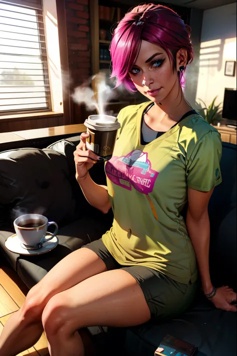 looking at viewer romantically, (extremely detailed CG unity 4k wallpaper),(best illustration),(best shadow),(absurdres), (simple background), fetchxl, multicolored hair,pink hair, blue eyes, Oversized football jersey, earrings, apartment, natural light, m...