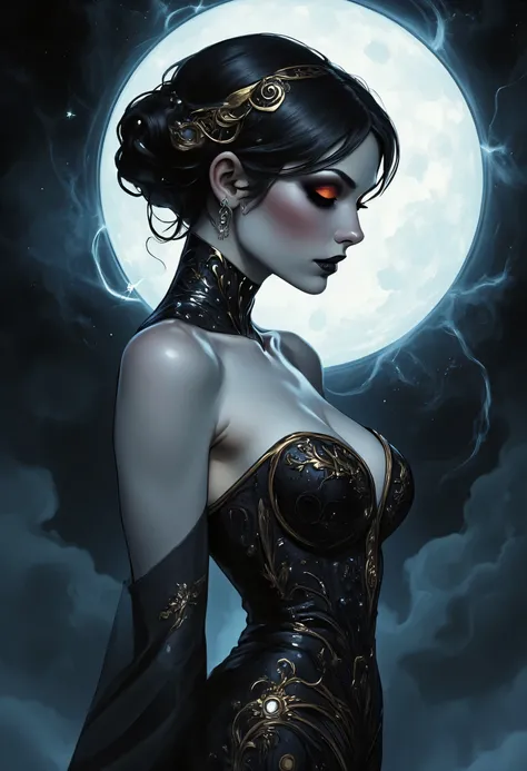 a picture of an epic beautiful female vampire, ghostly beauty, wearing transluminescent dress, black silk dress, intricate dress, transluminescent dress, transparent dress, red sleeves, epic beautiful female vampire, pale skin perfect body, ghostly beaut...