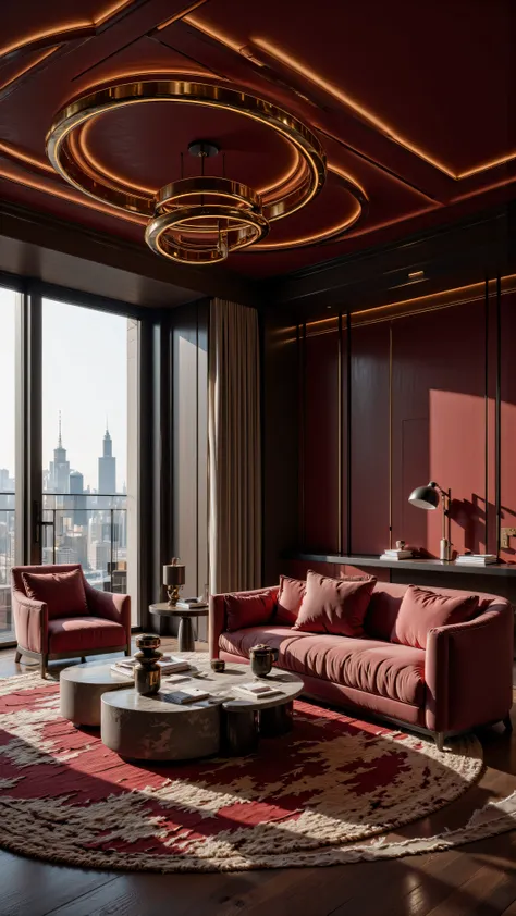 Shanghai,上海,4K,8K,Studio Quality,Inside Highclass Penthouse Tower Living room, make the photo realistic, vibes color with red and dark, Billionaire Vibes Living Room,Full Furniture.