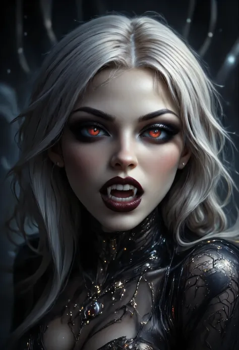 a picture of an epic beautiful female vampire, ghostly beauty, wearing transluminescent dress, black silk dress, intricate dress, transluminescent dress, transparent dress, red sleeves, epic beautiful female vampire, pale skin perfect body, ghostly beaut...