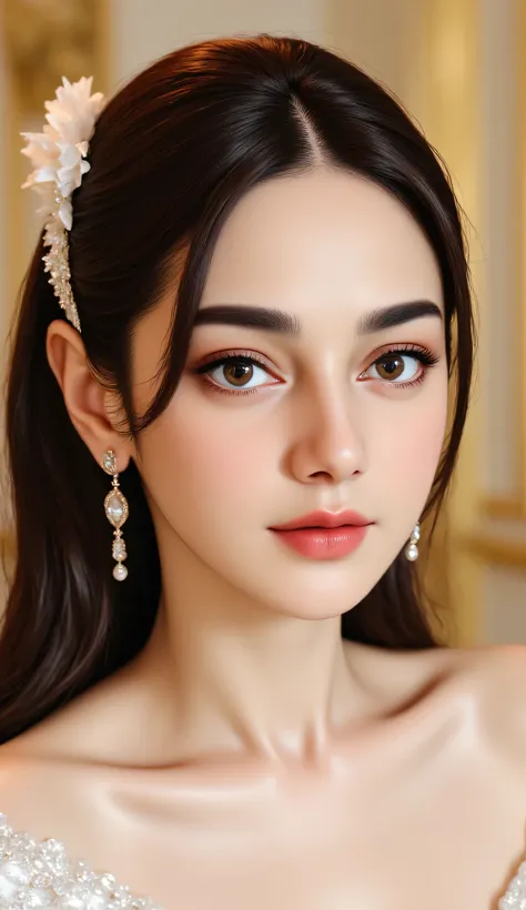 a girl with medium-length black hair with korean bangs, glasses, and a large white hair bow, detailed portrait, beautiful detailed eyes, beautiful detailed lips, extremely detailed eyes and face, long eyelashes, high fashion, elegant, intricate details, ci...