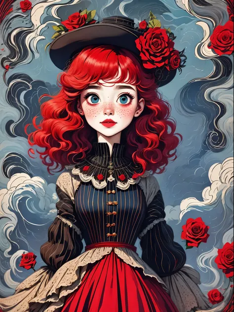 (best quality,masterpiece:1.2,detailed details,4k),(girl, Red hair,big eyes,small freckles,hat),roses,Gothic,vaporwave,transpiration,gas,steampunk gothic victorian style, Dark, psychology, Surrealism, sublimation, subconsciousness, sentiment, enthusiasm, r...