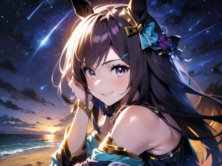 (Solo: 1.5), (Young human girl: 1.5), (Horse ears: 1.5), (Young face, small head, small face, slim, short, muscular, small chest), (Looking at camera), (Smiling sweetly: 1.5), (Long black hair), (Hair blowing in the wind), (Stylish spring date outfit with ...