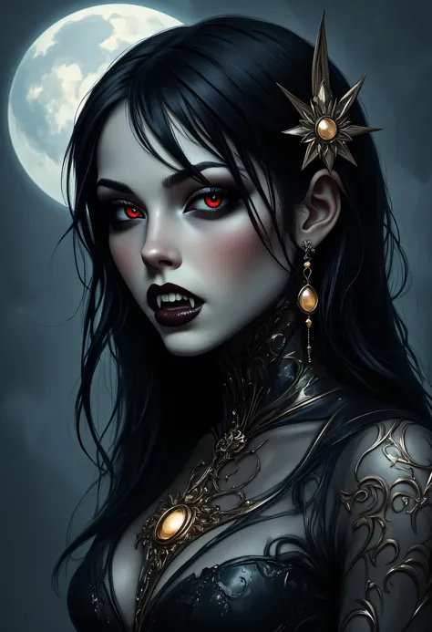 a picture of an epic beautiful female vampire, ghostly beauty, wearing transluminescent dress, black silk dress, intricate dress, transluminescent dress, transparent dress, red sleeves, epic beautiful female vampire, pale skin perfect body, ghostly beaut...