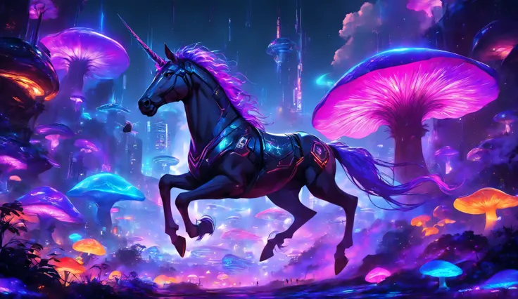 scifi, digital paint, neon colors, A herd of robotic unicorns galloping through a neon-lit landscape, the place have plants irisdecent and giant irisdecent mushrooms, the unicorns left behind a cloud of colored dust. Giger style.
