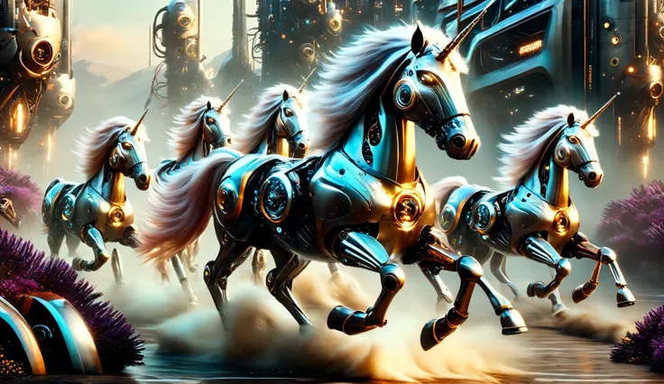 A herd of robotic unicorns galloping through a futuristic landscape.