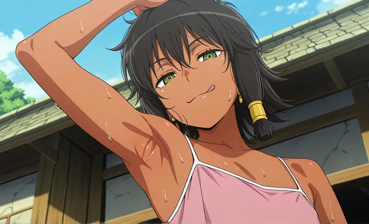 masterpiece, best quality, amazing quality, anime screencap, anime coloring, 1girl, solo, dark skin, short hair, hair tubes, black hair, green eyes, earrings, TionaHiryute, flat chest, pink camisole, spaghetti straps, white straps, skindentation, sweaty, a...
