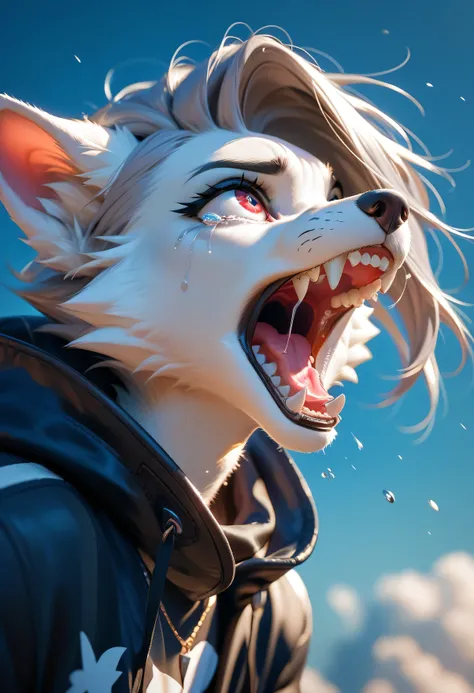 > Loona, anthro furry, dramatic close-up, screaming with wild expression, tears and ash in air, hair flying violently, background fading into black void, 1dk, 8k, masterpiece, (Expressiveh:0.8)