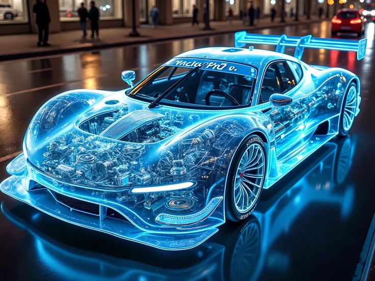 spectacular digital rendering of a (transparent:1.5) DTM concept hyper car, revealing internal mechanical components such as engine, car chassis, suspension, and internal wiring, detailed textures, detailed machinery, accurate lighting and shadows, 8k qual...