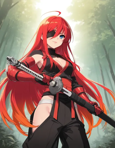score_9, score_8_up, score_7_up, source_anime, 1girl, solo, nier2b, shana, red hair, very long hair, hair between eyes, ahoge, lips, blue eyes, smile, eyepatch, holding sword unsheathing, gradient hair, multicolored hair, orange hair, detailed eyes, Enchan...