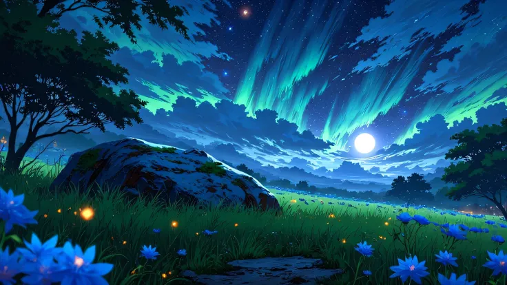 a large rock in a grassy field, with some trees and blue flowers, and a beautiful night sky with stars, a bright moon and an aurora borealis, night scene with some fireflies flying, the scene is frontal